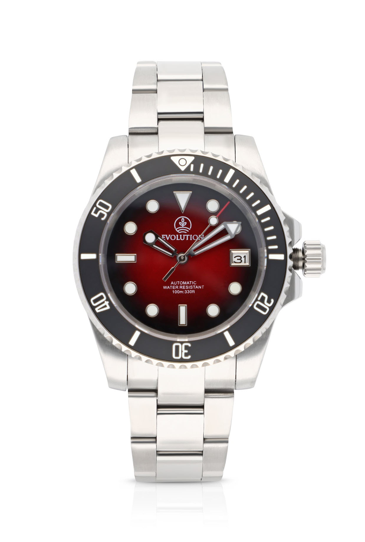 Evolution Watches dive watch with gradient red dial, stainless steel case, and automatic movement