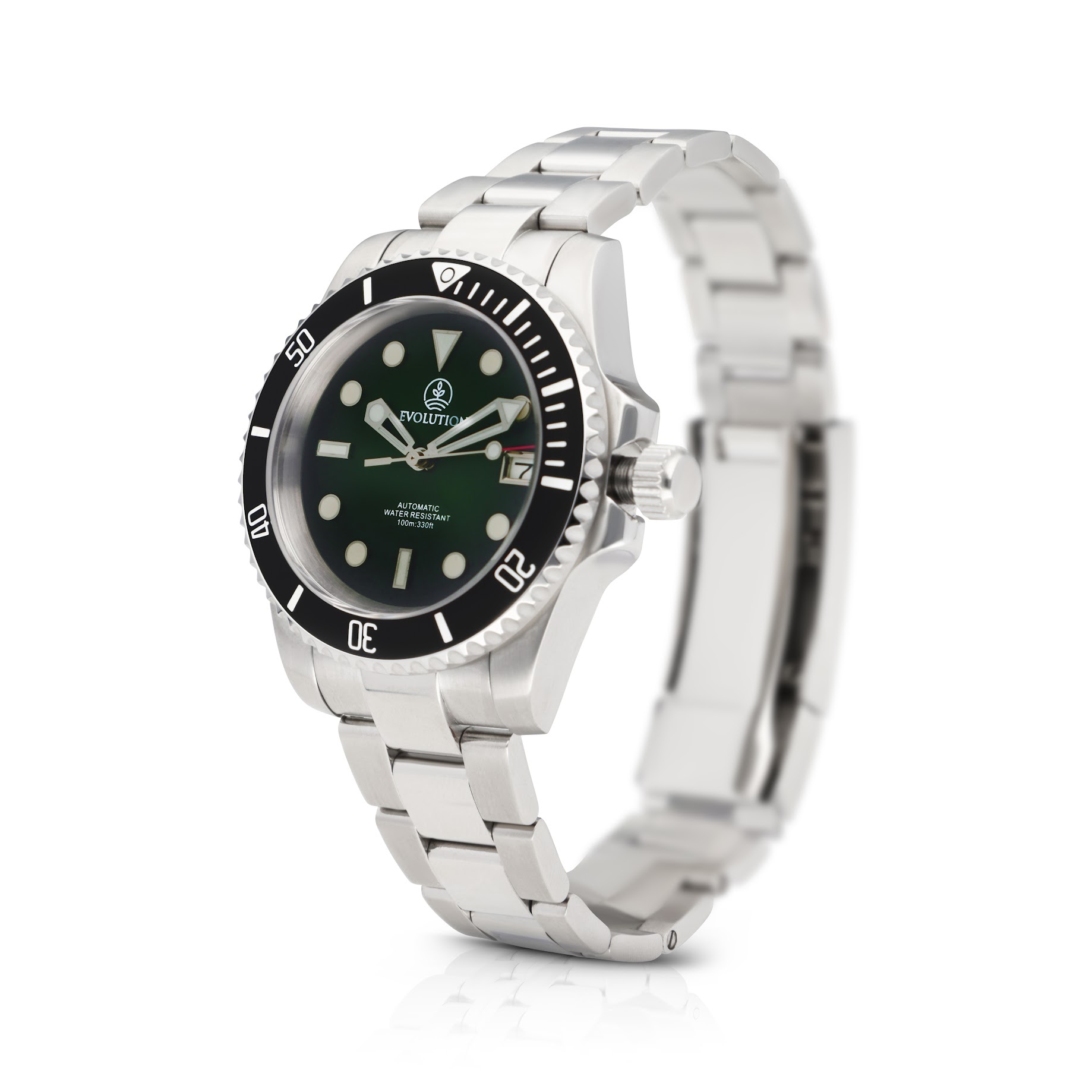 Evolution dive watch with a deep green dial, black unidirectional bezel, luminescent markers, and a stainless steel case. Features a date window at 3 o’clock