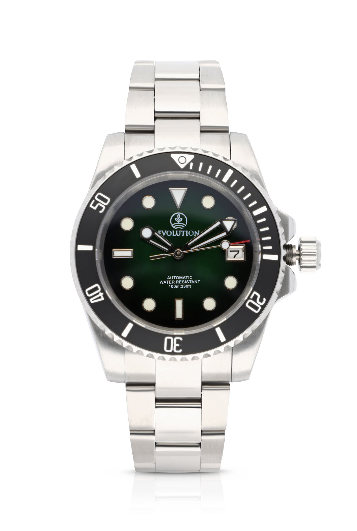 Evolution Watches dive watch with gradient green dial, stainless steel case, and automatic movement