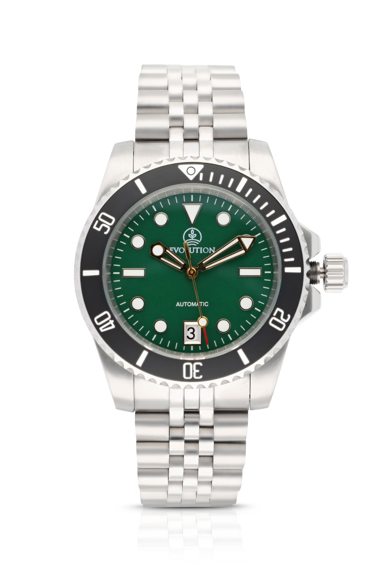 Evolution Watches dive watch with green dial, stainless steel case, and automatic movement