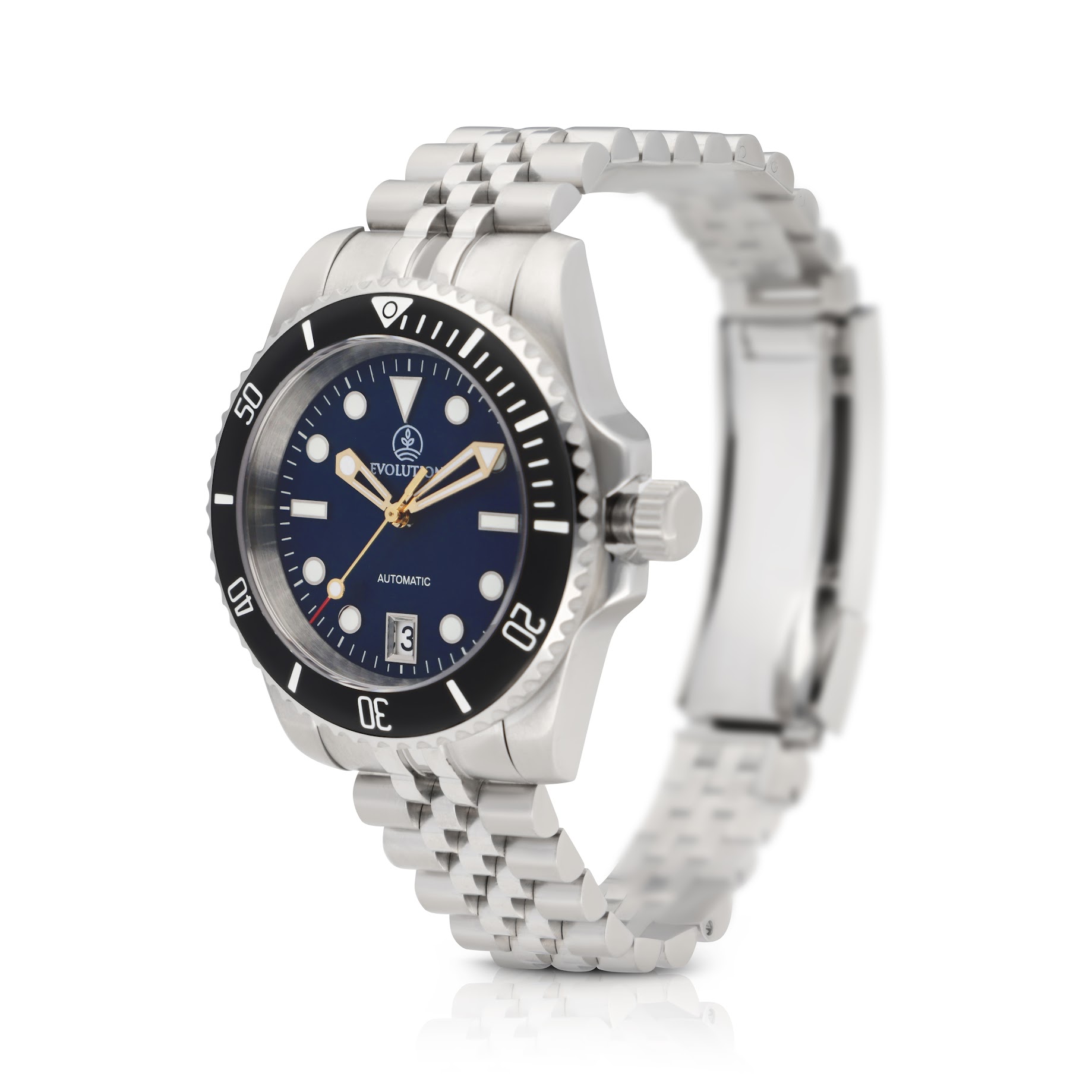 Evolution dive watch with a deep blue dial, gold-tone skeleton hands, luminescent markers, and a black unidirectional bezel. Stainless steel case and bracelet, with a date window at 6 o’clock