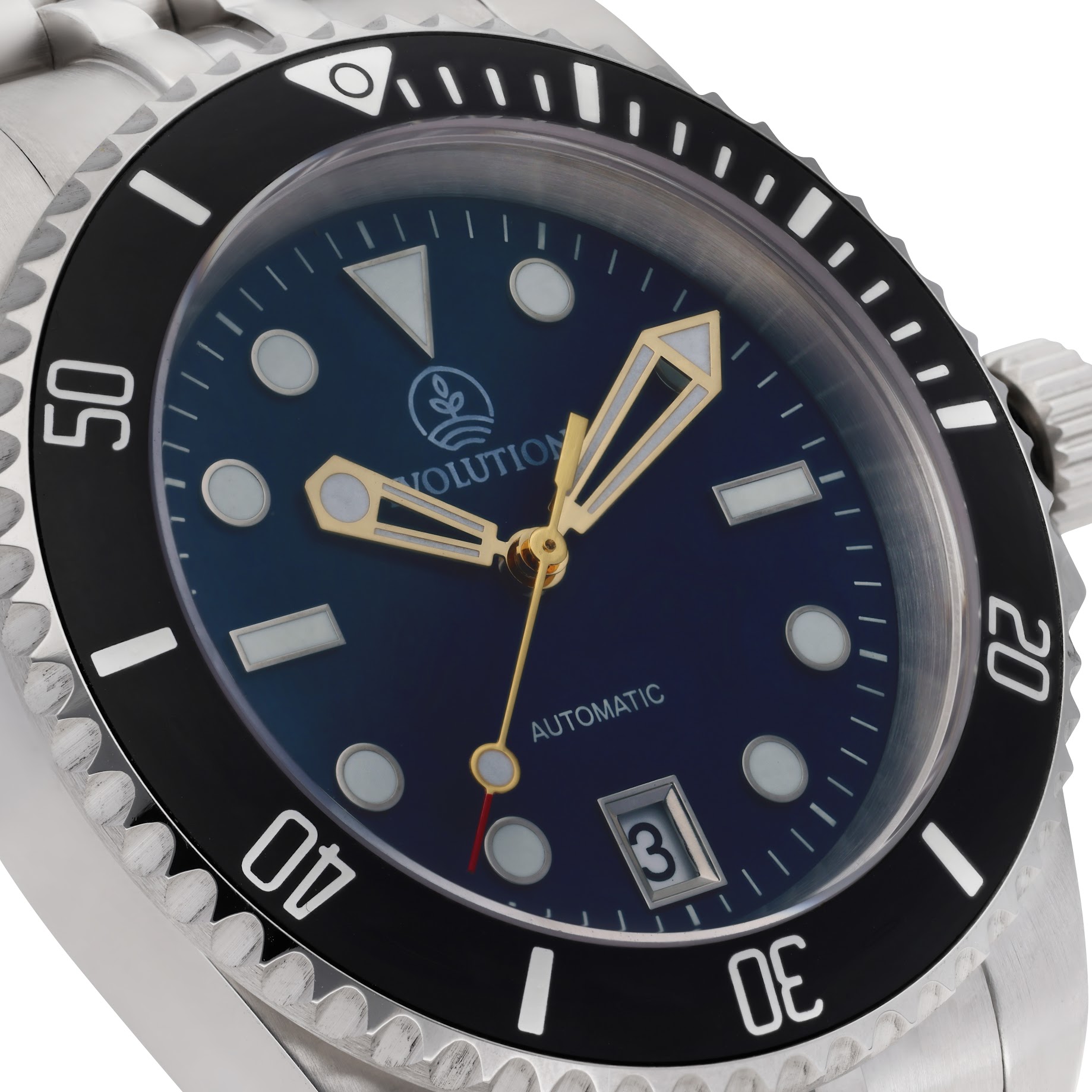 Evolution dive watch with a deep blue dial, gold-tone skeleton hands, luminescent markers, and a black unidirectional bezel. Stainless steel case and bracelet, with a date window at 6 o’clock