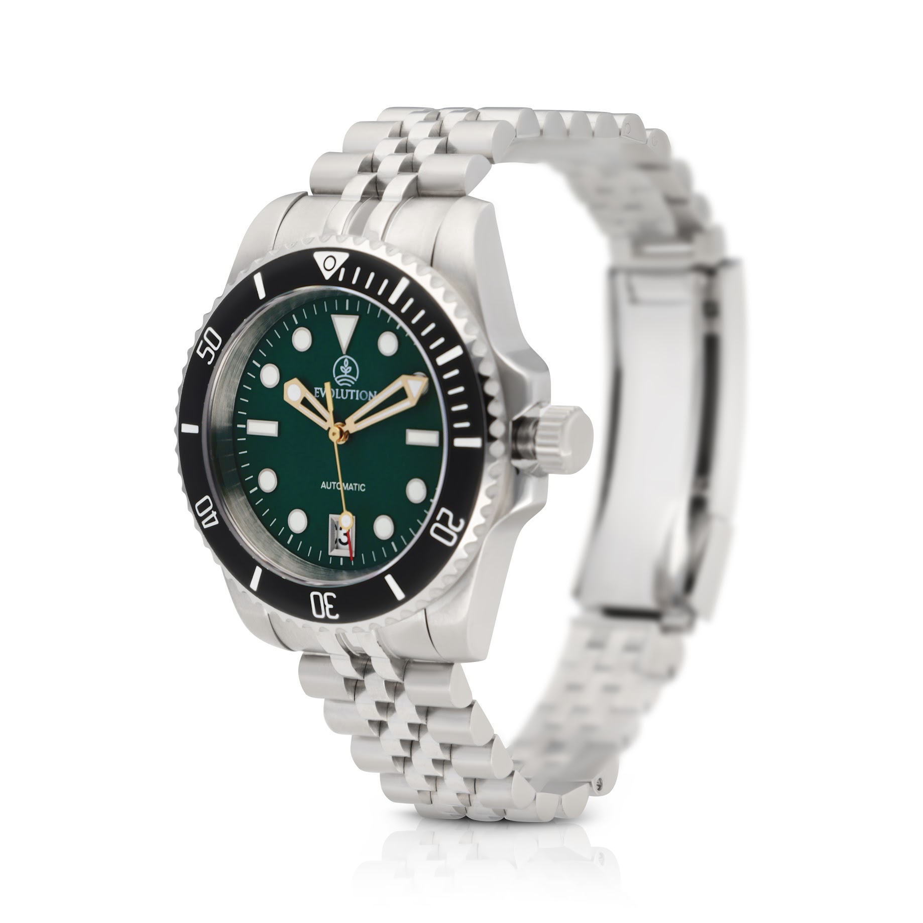 Evolution dive watch with a deep green dial, gold-tone skeleton hands, luminescent markers, and a black unidirectional bezel. Stainless steel case with a date window at 6 o’clock