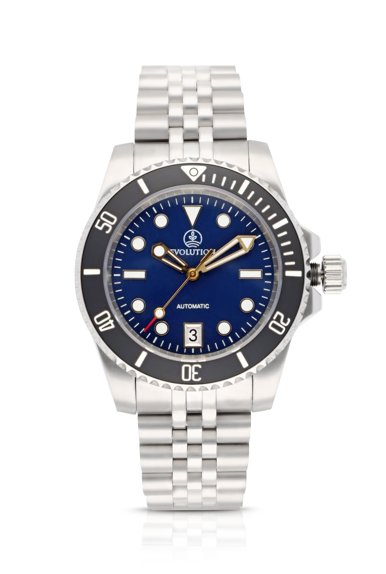 Evolution Watches dive watch with blue dial, stainless steel case, and automatic movement