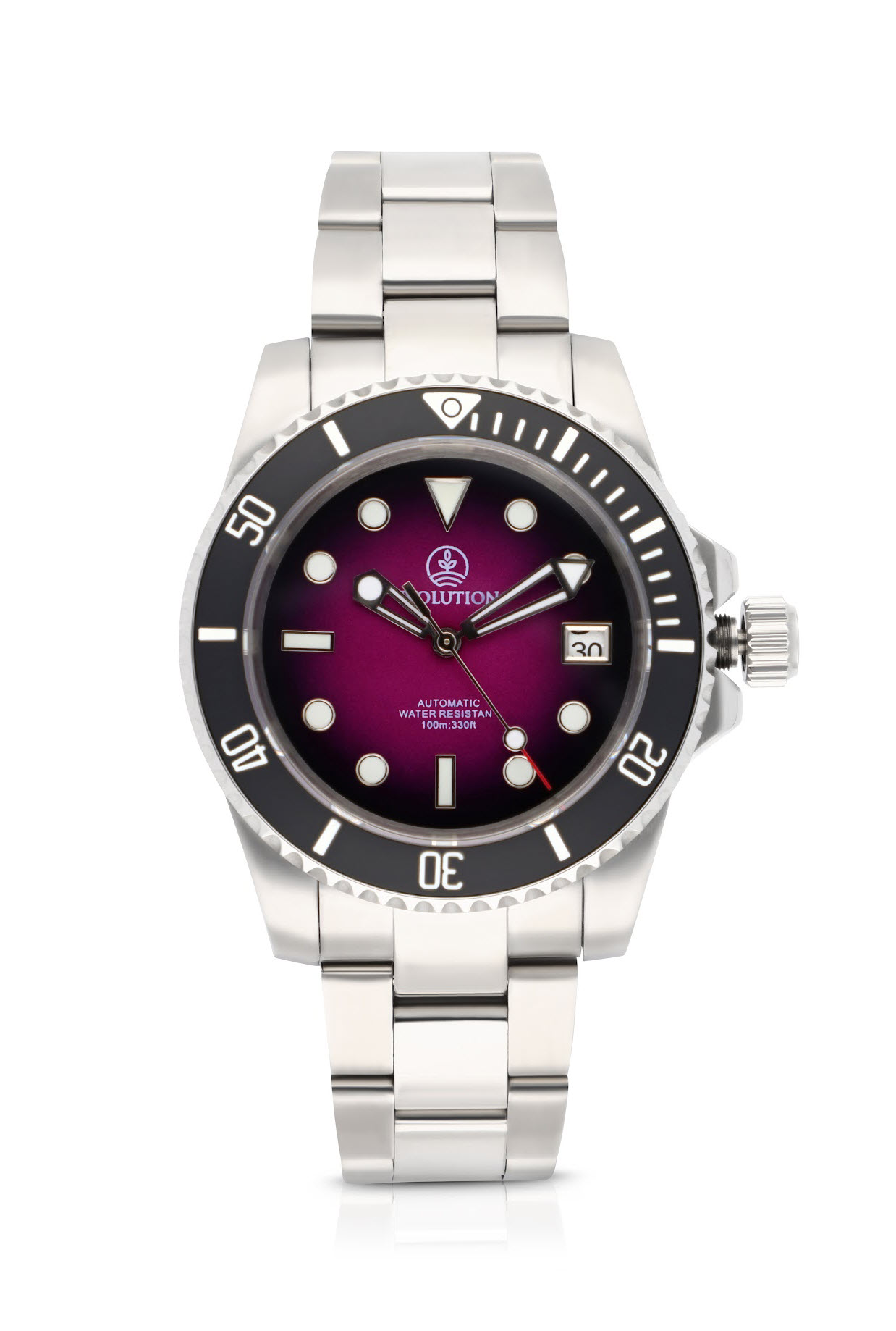 Evolution Watches dive watch with gradient purple dial, stainless steel case, and automatic movement