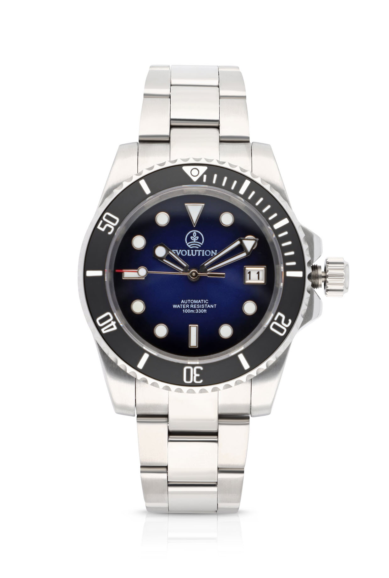 Evolution Watches dive watch with gradient blue dial, stainless steel case, and automatic movement