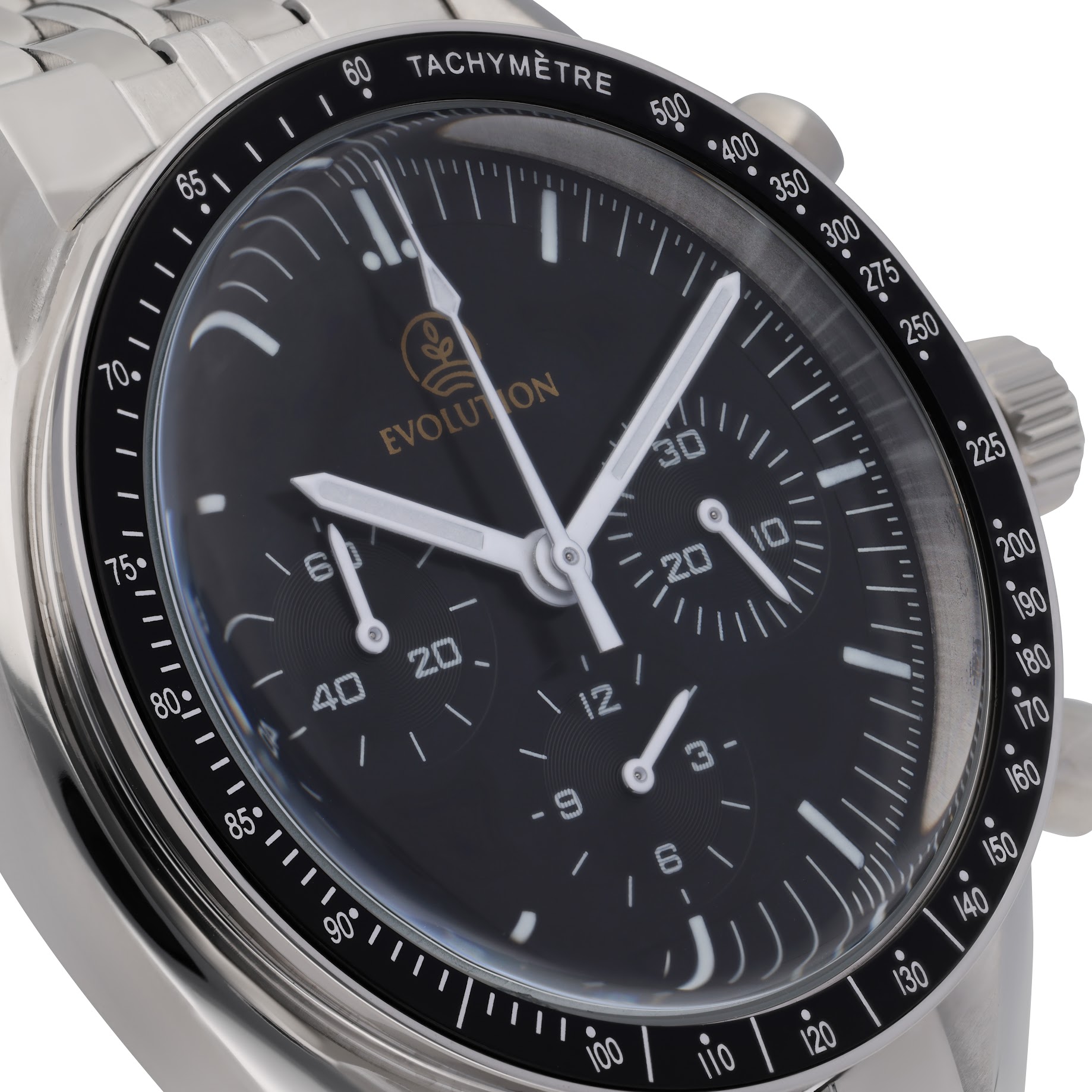Evolution Watches Nexus Obsidian – a stainless steel chronograph with a black dial, tachymeter bezel, and precision subdials. A bold and refined timepiece for modern enthusiasts