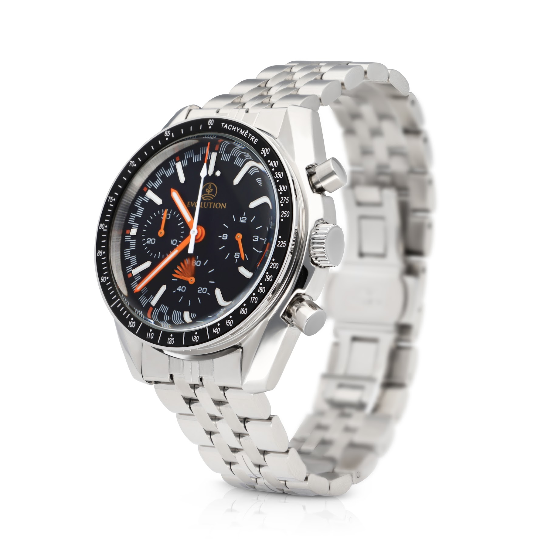 Evolution chronograph with a black dial, bold orange accents, luminescent markers, and a tachymeter bezel. Stainless steel case and bracelet with precision subdials for accurate timekeeping