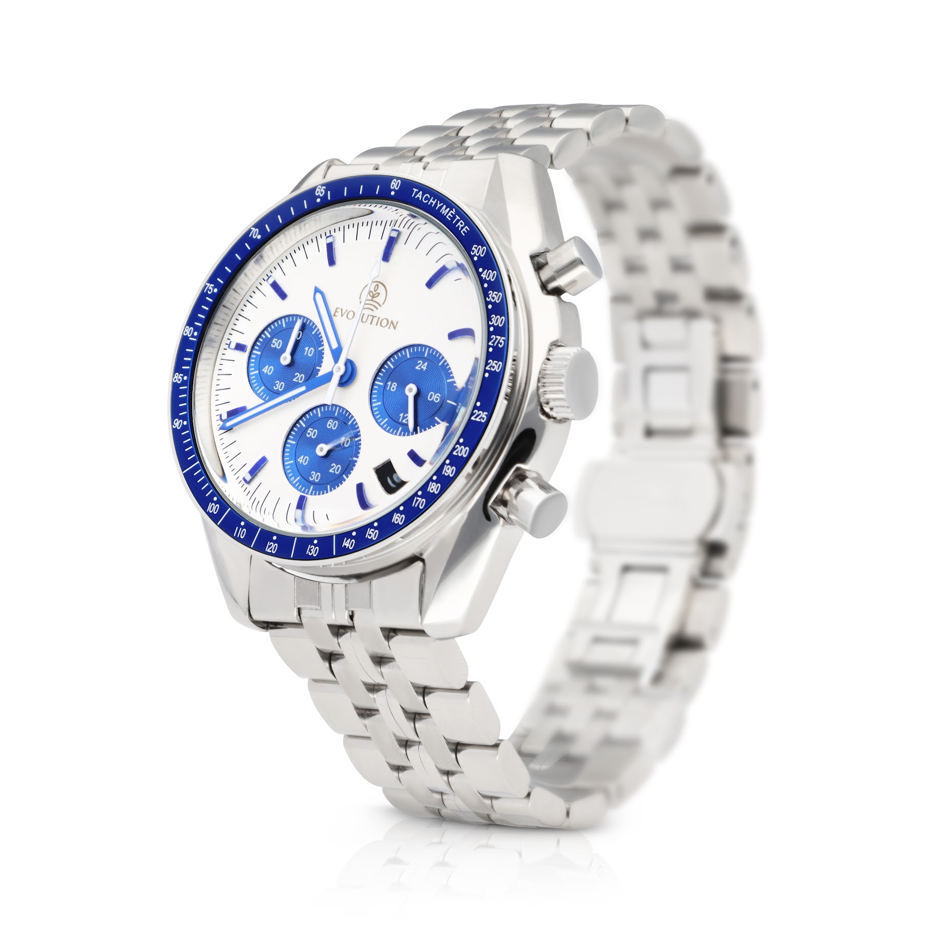 Evolution chronograph with a white dial, bold blue subdials and accents, a tachymeter bezel, and a stainless steel case. Features precision timekeeping with three subdials and a date window