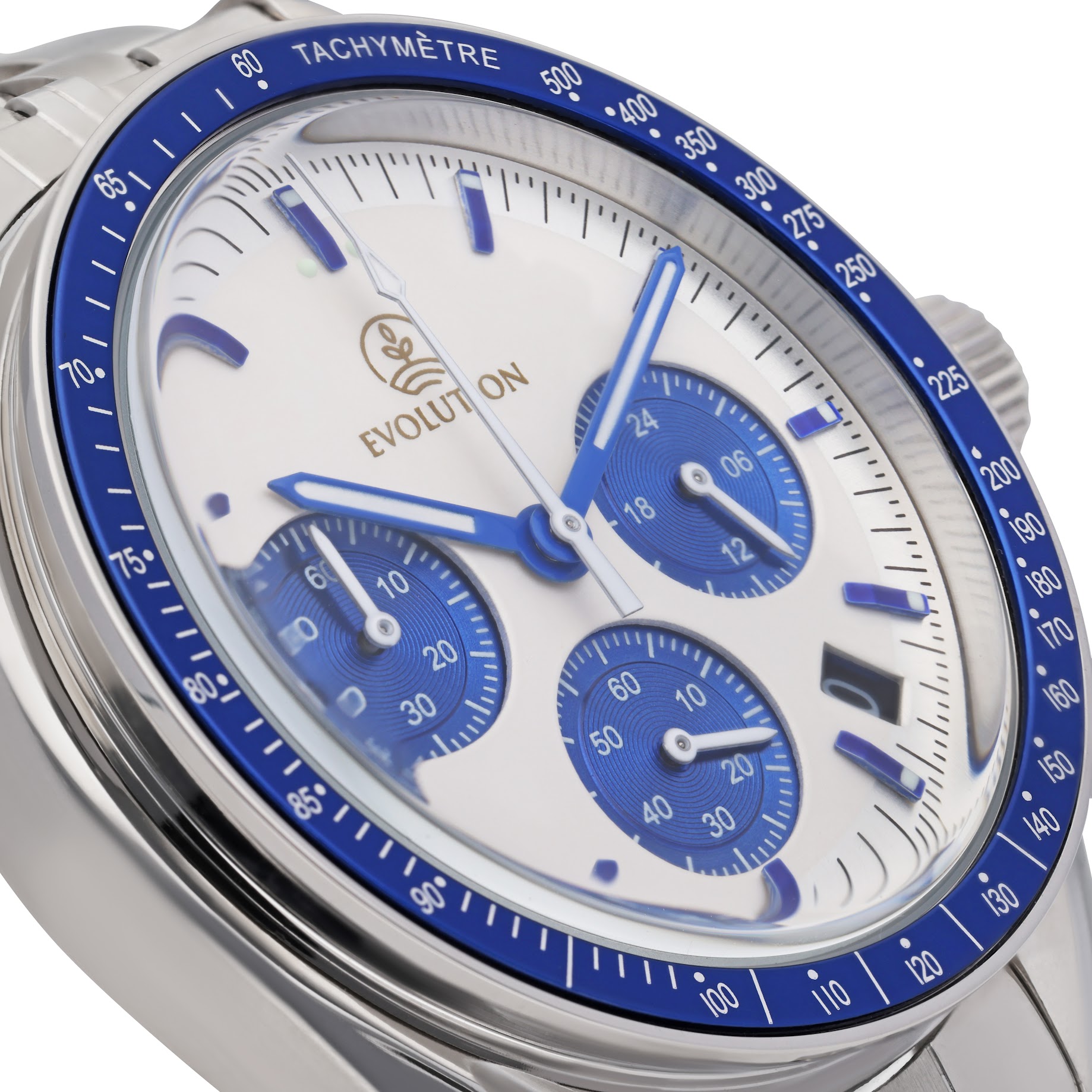 Evolution chronograph with a white dial, bold blue subdials and accents, a tachymeter bezel, and a stainless steel case. Features precision timekeeping with three subdials and a date window