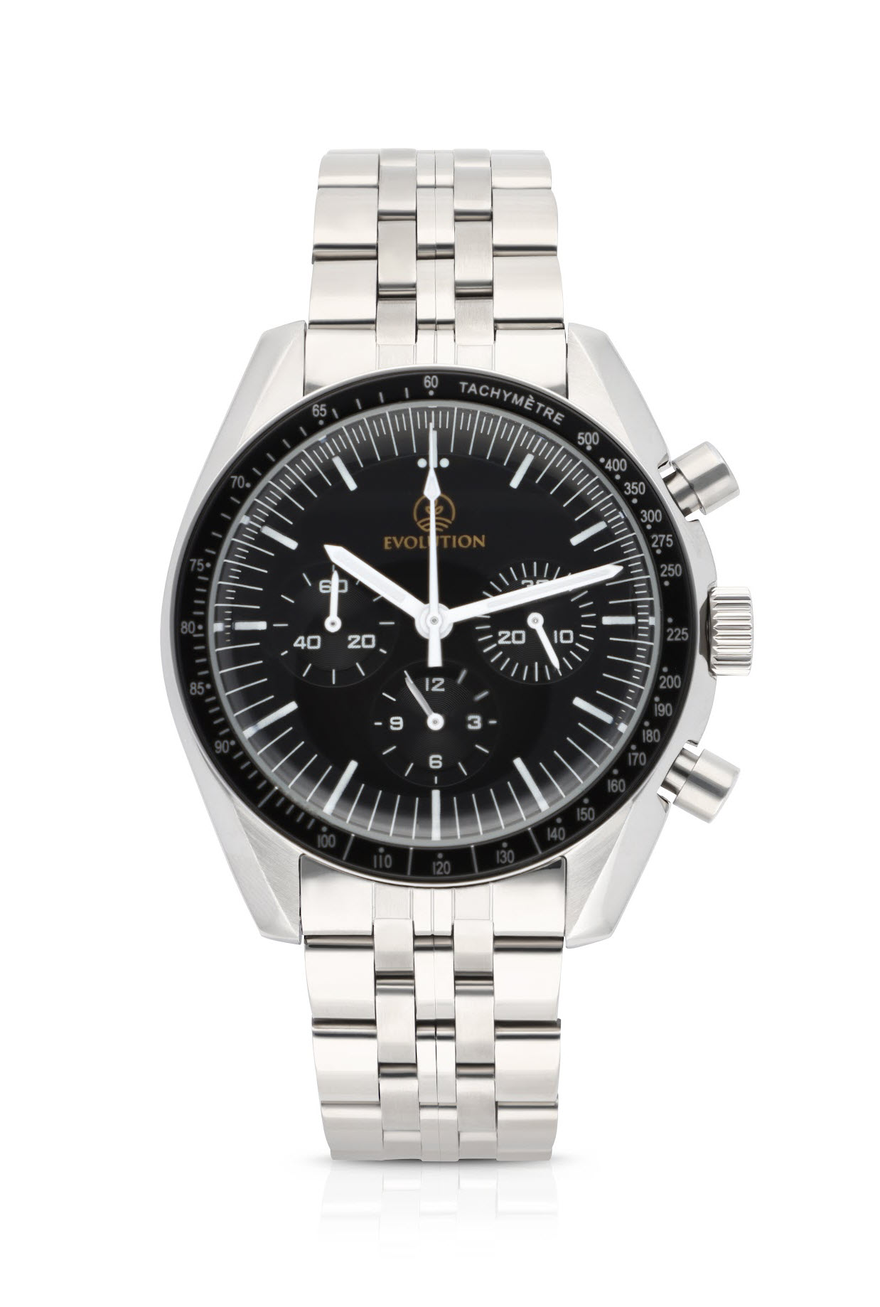 Evolution Watches chronograph with black dial, tachymeter bezel, and stainless steel bracelet