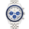 Evolution Watches chronograph with white dial, blue subdials, tachymeter bezel, and stainless steel bracelet