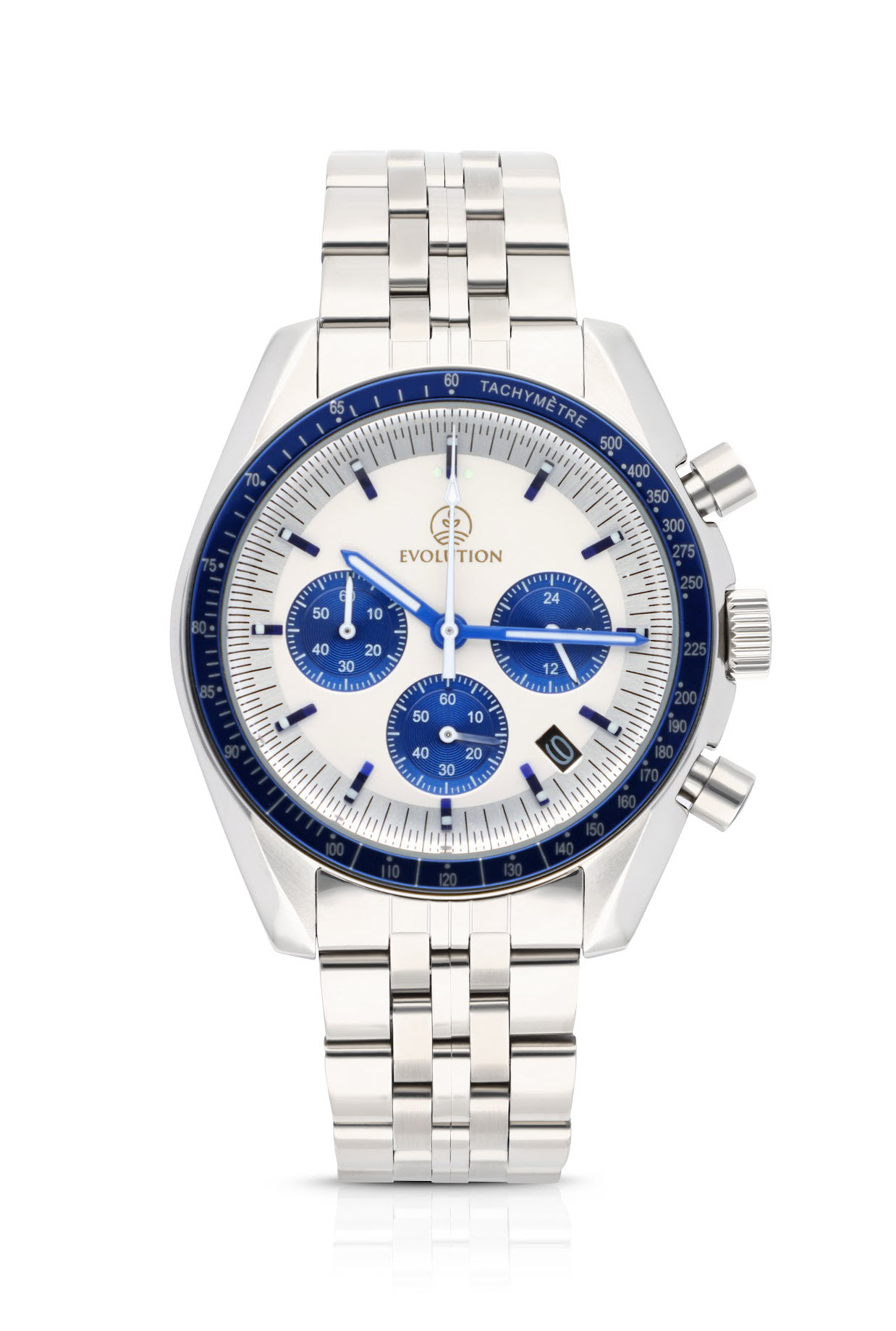 Evolution Watches chronograph with white dial, blue subdials, tachymeter bezel, and stainless steel bracelet